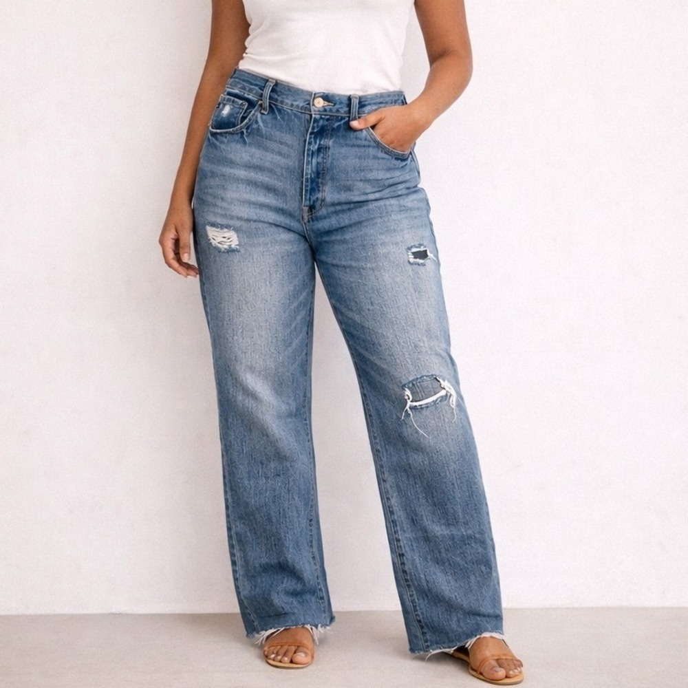 High Rise Wide Leg Jeans Distressed Blue‎ Kancan Raw Hem Denim 13/30